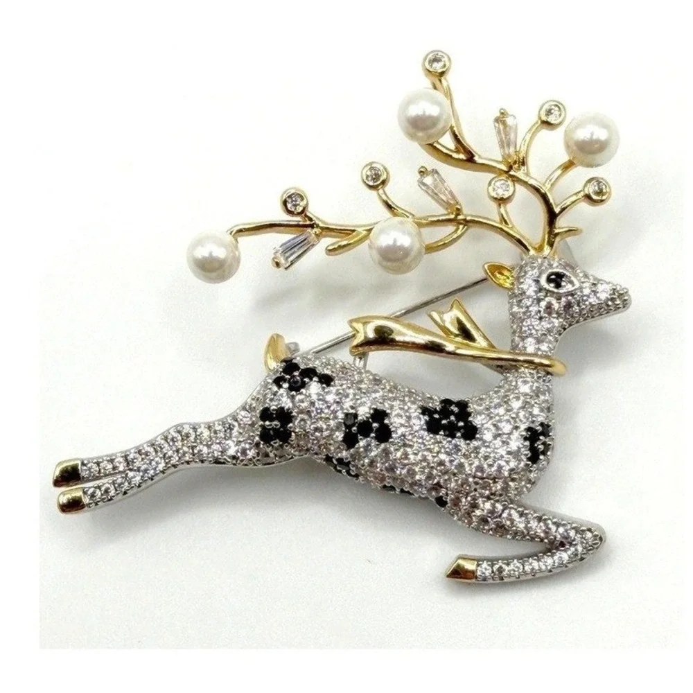 Christmas Reindeer Brooch Lot of 3 Rhinestone Pearl Green Gold Silver Tone